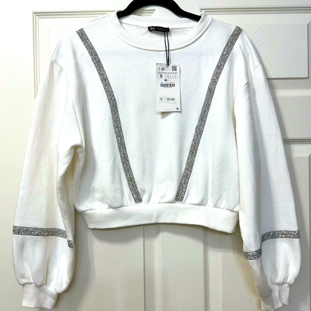 NWT Zara White w/ Silver Sparkly Stripes Sweatshirt Sz S